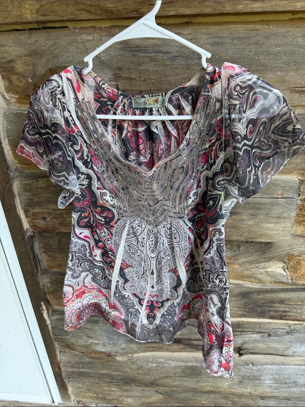 Unity World Wear Sheer Paisley Blouse in Black & Pink